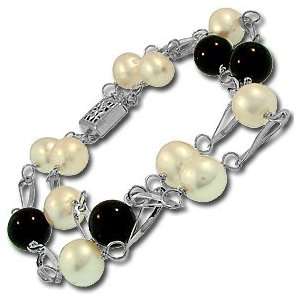 Sterling Silver Onyx Black White Pearl Beaded Link 