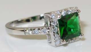   Princess Cut Emerald & White Sapphire 925 Sterling Ring 3.4g  