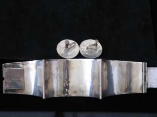 Vintage Mexican Silver Hinged Cuff Bracelet + Earrings w/Inlaid 