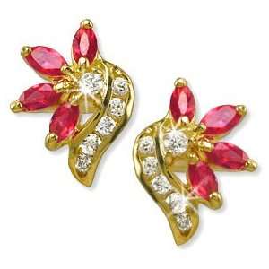    24k Gold GF Floral CZ Simulated Ruby Red Stud Earrings Jewelry