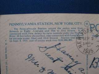 Postcard Pennsylvania Penn Station NYC 1935 train  