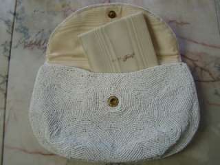 Vtg 50s BAGS BY JOSEF France White Beaded EVENING CLUTCH Purse w 