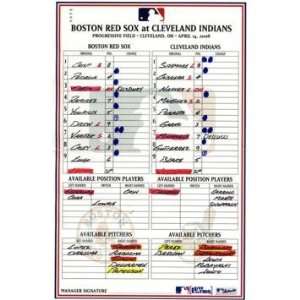  Red Sox at Indians 4 14 2008 Game Used Lineup Card (MLB 