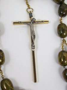 Vintage Large Rosary Beads Brass & Wood Cross Pewter Figure Faux 