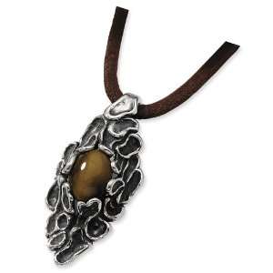   Silver Antiqued Tigers Eye Pendant 20in Leather Necklace Jewelry