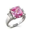   Silver Emerald Cut Pink CZ Three Stone Engagement Ring   Size 8
