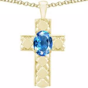   Gold Genuine Oval Blue Topaz Cross Pendant(Metalwhite g Jewelry
