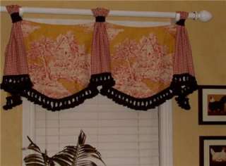 Custom Swag Jabot Tab VALANCE French Country Red Gold Toile Black 