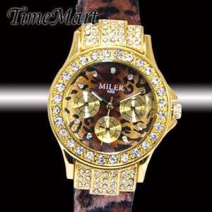 LADIES BLING CRYSTAL LEOPARD LEATHER BAND QUARTZ WATCH  