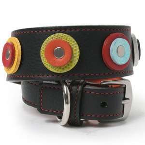    Multi Color Disc on Black Leather Dog Collar 20 