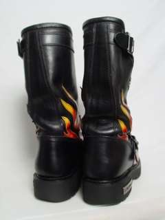   Mens 11 D Black Leather Flames Engineer Logger Motorcycle Boots  