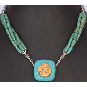  Turquoise Beaded Necklace with Goddess Saraswati Pendant 