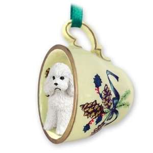Poodle Sportcut Green Holiday Tea Cup Dog Ornament   White  