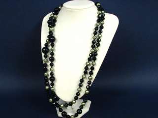 Necklace 60 Black Onyx Facet Round Beads Shell Pearls  