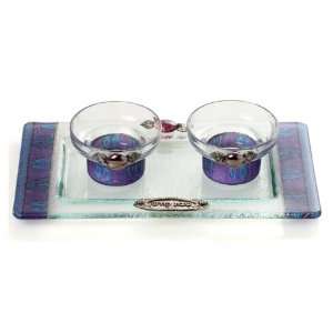   Glass Shabbat Candlesticks with Electric Blue and Tray