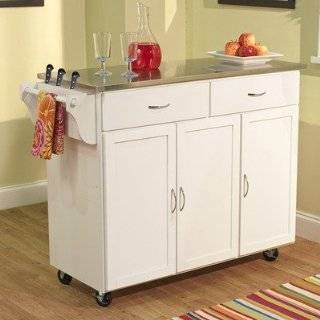   Top Kitchen Cart in White Finish Natural Wood Top Kitchen Cart/Island