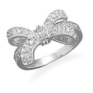 Sterling Silver Trendy CZ Gift Bow Ribbon Ring Size 5 9  
