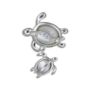    Silver Hawaiian Mother & Baby White MOP Turtle Pendant Jewelry