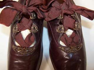   Vintage Lagel Meier Paris Purple Aubergine Leather Bronze Beaded Shoes