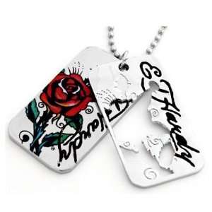  Ed Hardy Rose Die Cut Double Dog Tag Necklace Jewelry