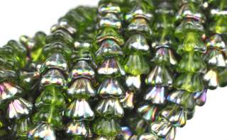 25 Olivine Vitral Bell Flower Czech Glass Beads 8MM  