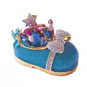   Blue Baby Shoe Box Christmas Swarovski Crystals 24K Gold Trinket Pill