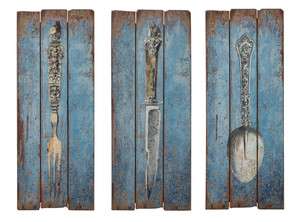  FRENCH CHIC Knife Fork Spoon Utensil WALL DECOR/Art on Wood Mount Blue