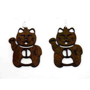  Brown Lucky Cat Number One Wooden Earrings GTJ Jewelry