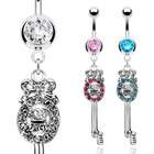   Steel Belly Ring with Cubic Zirconia Embedded Key Dangle   Aqua