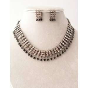  Clear/Jet/Pewter Necklace Earring Set 