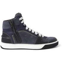 lanvin textured leather and suede high top sneakers