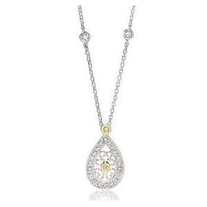   Diamond Pave Two Tone Deco Style Heart Filigree Drop Necklace Jewelry
