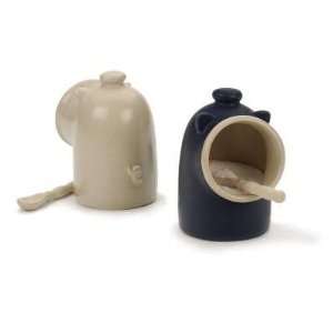  Blue stoneware Salt Pig Including Spoon Salt Keeper Jar 