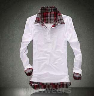 Fashion Mens Casual Plaid Shirt Collar T shirt Sweatshirt Black Z1229 
