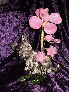 VINTAGE TERRIER SCOTTISH DOG GLASS LAMP LIGHT Pink Flower R SINGER 