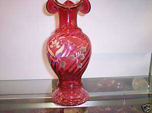 Fenton Country Cranberry Handpainted Vase  