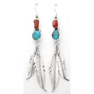  Navajo Turquoise and Coral Feather Earrings Jewelry