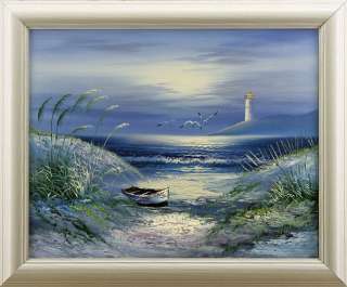 Lighthouse Boat Beach Evening Art   FRAMED OIL PAINTING  