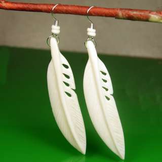 Charming Carved Yak Bone Feather Plume Pierced Earrings  