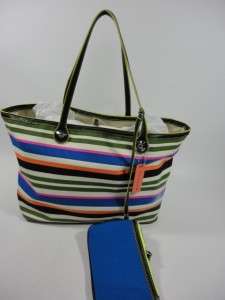   STRIPE Beach TOTE w Cosmetic Bag Canvas & Leather   