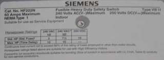 New Siemens HF222N HD Fusible Safety Switch 60A 240VAC Nema 1  
