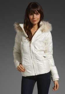 JUICY COUTURE Shimmer Puffer Jacket with Faux Fur Hood in Angel at 