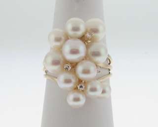 Estate Cultured Pearls Genuine Diamonds 14k Gold Ring  
