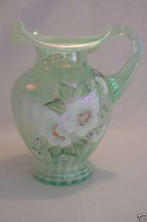 Fenton 61/2 Willow Green Pitcher HP Flowers Signed  