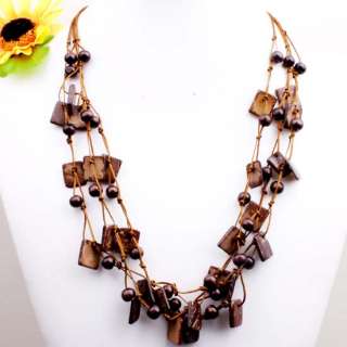 Handmade Brown Coconut Shell Square Beads Necklace 24L  