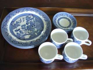 12 pc Churchill Blue Willow English Dishes Blue White Plates Cups 
