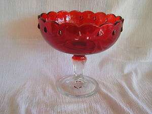   Flash Tall Candy Dish Compote Server Clear Glass Base Red Bowl  