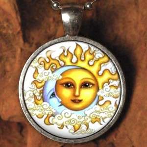 Sun & Moon Celestial Domed Glass Tile Pendant Antiqued Silver D60 