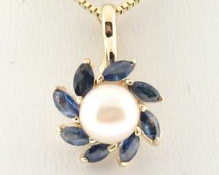 Cultured Pearl Natural Blue Sapphires Solid 14k Yellow Gold Pendant 