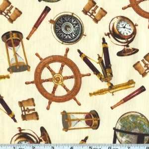 45 Wide Currier & Ives Sailing Nautical Motifs Ecru Fabric By The 